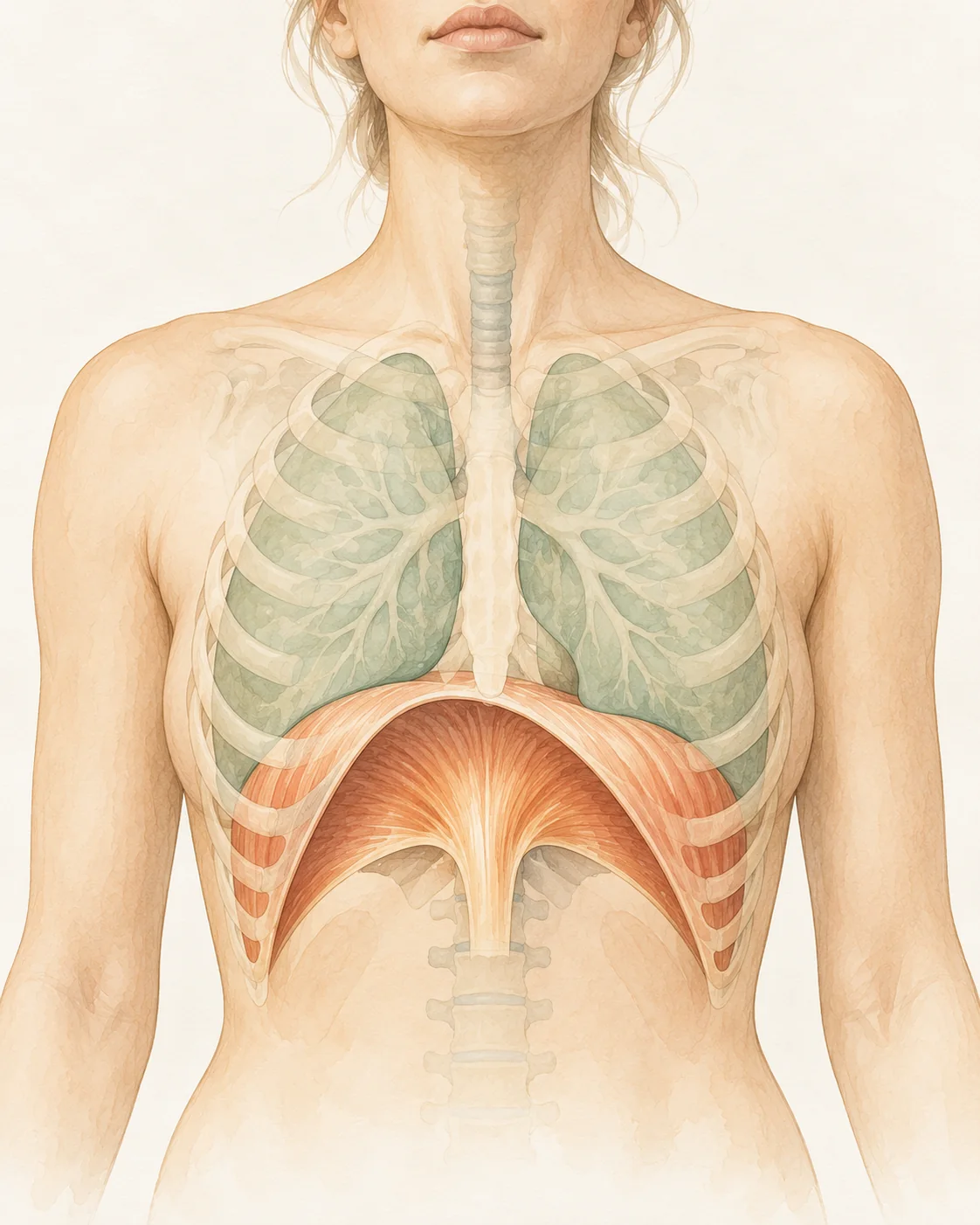 Watercolour illustration of the ribcage and lungs, with the dome-shaped diaphragm beneath them.