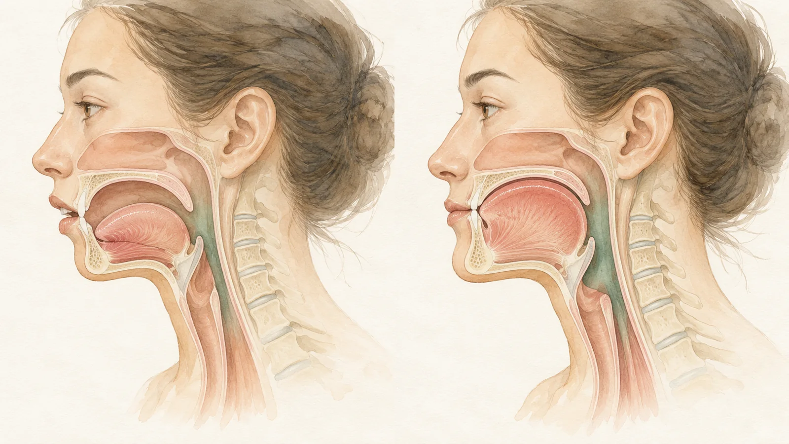 Two side-view illustrations comparing an open-mouth posture with the tongue resting low, and a closed-lip posture with the tongue resting against the palate.
